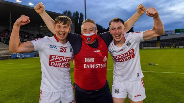 Cork manager Pat Ryan celebrates with Colm McCarthy, left, and Daniel Hogan after the 2021 GAA Hurling All-Ireland U20 Championship Final match between Cork and Galway at Semple Stadium in Thurles, Tipperary. 