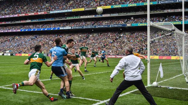 Eugene Gough springs into action as Jack McCaffrey scores a point for Dublin in the drawn 2019 All-Ireland SFC Final against Kerry. 