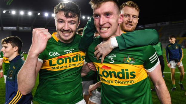 Jack Kennedy, left, and Séamus Kennedy of Clonmel Commercials celebrate after the AIB Munster GAA Football Senior Club Championship Quarter-Final match between Nemo Rangers and Clonmel Commercials at Páirc Uí Chaoimh in Cork.