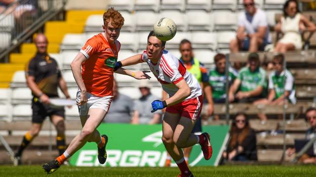 Conor Turbitt, Armagh, and Conor McCluskey, Derry, during the EirGrid Ulster 20 Final at St Tiernach's Park, Clones.