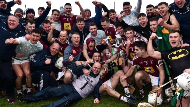 Westmeath players and management celebrate at Cusack Park in Ennis.