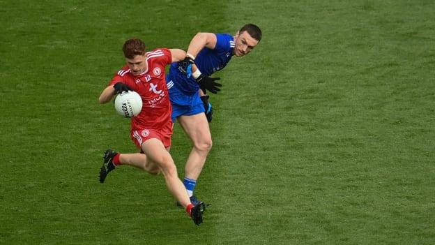 Conor Meyler, Tyrone, and Killian Lavelle, Monaghan, in Ulster SFC final action at Croke Park.