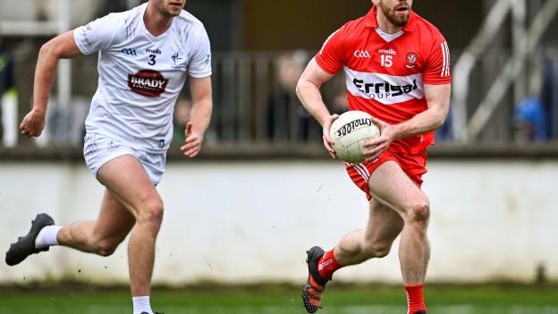 Niall Loughlin of Derry gets away from Shea Ryan of Kildare during the Allianz Football League Division 2 match between Kildare and Derry at St Conleth's Park in Newbridge, Kildare. 
