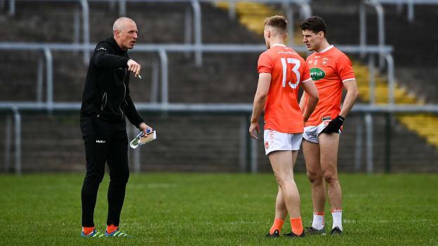 Armagh selector Kieran Donaghy speaks to Niall Grimley, right, and Rian O'Neill during the Allianz Football League Division 1 North Round 1 match between Monaghan and Armagh at Brewster Park in Enniskillen, Fermanagh.