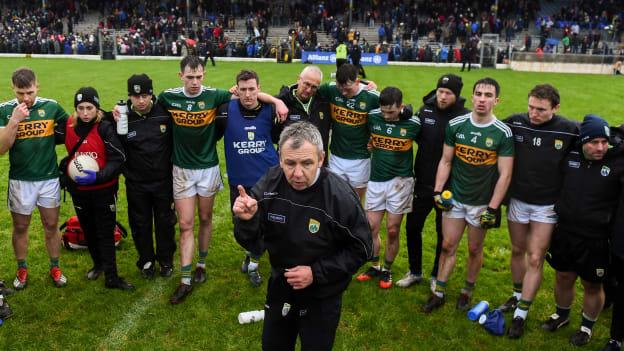 Kerry manager Peter Keane speaks to his players after victory over Tyrone in Division 1 of the Allianz Football League. 