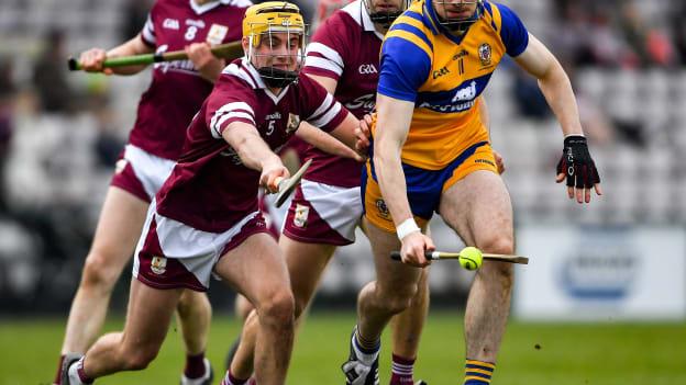 David Fitzgerald of Clarei n action against Tiernan Killeen of Galway during the 2022 Allianz Hurling League Division 1 Group A match between Galway and Clare at Pearse Stadium in Galway.