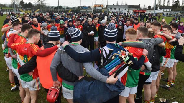 Colm Bonnar talks to the Carlow panel following Sunday's Allianz Hurling League draw against Galway at Netwatch Cullen Park.