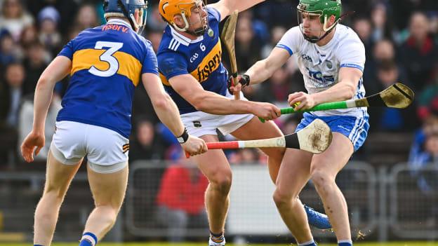 Michael Kiely of Waterford is tackled by Paddy Cadell of Tipperary during the Allianz Hurling League Division 1 Group B match between Waterford and Tipperary at Walsh Park in Waterford. 