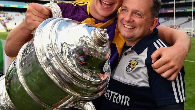 Conor McDonald of Wexford and Wexford manager Davy Fitzgerald celebrate with the Bob O'Keeffe Cup after victory over Kilkenny in the 2019 Leinster SHC Final. 