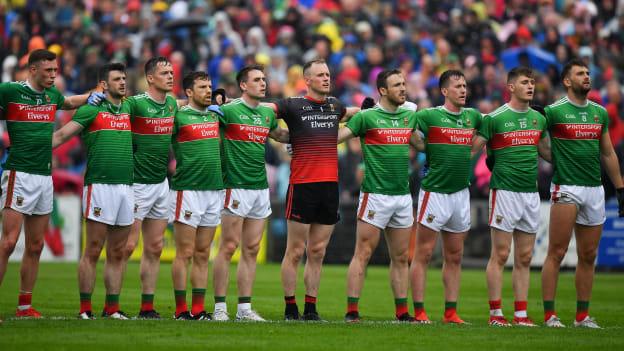 The Mayo team stand together for the national anthem Amnran na bhFiann prior to the 2019 GAA Football All-Ireland Senior Championship Quarter-Final Group 1 Phase 3 match between Mayo and Donegal at Elvery’s MacHale Park in Castlebar, Mayo. 