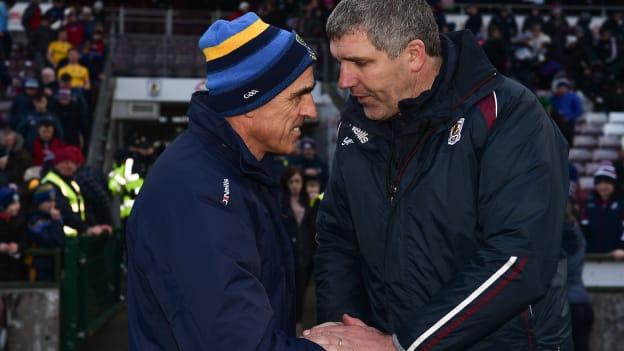 Anthony Cunningham and Kevin Walsh shake hands following Galway's Allianz Football League win over Roscommon at Pearse Stadium in March.