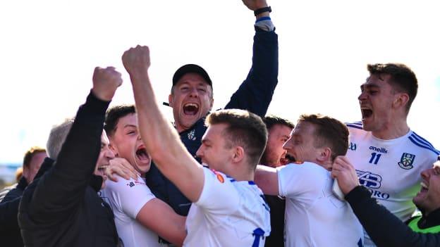 Monaghan players celebrate with their manager Vinny Corey, top, after the Allianz Football League Division 1 match between Mayo and Monaghan at Hastings Insurance MacHale Park in Castlebar, Mayo. 