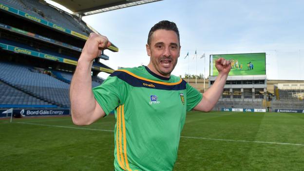 Donegal hurling team manager, Mickey McCann, celebrates after his team defeated Warwickshire in the Nicky Rackard Cup Final. 