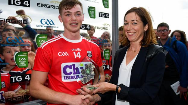 Cathal O'Mahony being presented with his EirGrid All Ireland Under 20 Man of the Match award by Valerie Hedin at O'Moore Park.