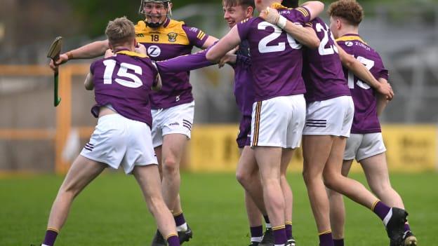 Wexford players celebrate after the oneills.com Leinster GAA Hurling U20 Championship Semi-Final match between Kilkenny and Wexford at UPMC Nowlan Park in Kilkenny. Photo by David Fitzgerald/Sportsfile.