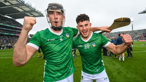 Limerick players Diarmaid Byrnes, left, and Colin Coughlan celebrate after the 2023 GAA Hurling All-Ireland Senior Championship final match between Kilkenny and Limerick at Croke Park in Dublin. Photo by Ramsey Cardy/Sportsfile.