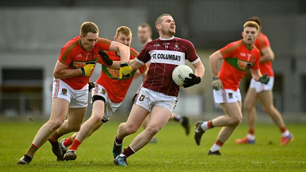 James McGivney, Mullinalaghta, and Fintan Coyle, Mostrim, during the Longford SFC Final at Glennon Brothers Pearse Park.