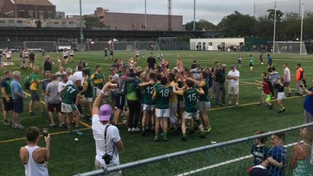 The St. Barnabas players celebrate with cup after their extra-time victory over Sligo in the 2020 New York Senior Football Championship Final. 
