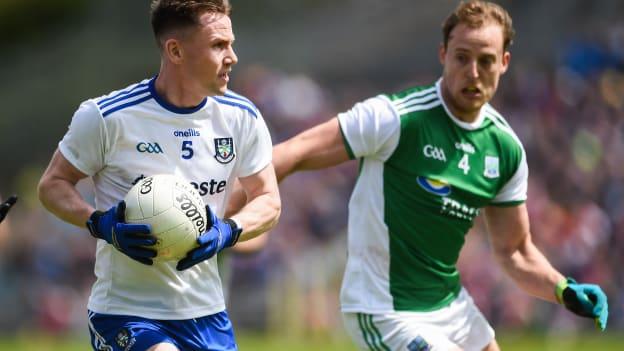 Karl O'Connell, Monaghan, and Lee Cullen, Fermanagh, in All Ireland SFC Qualifier action at St Tiernach's Park.