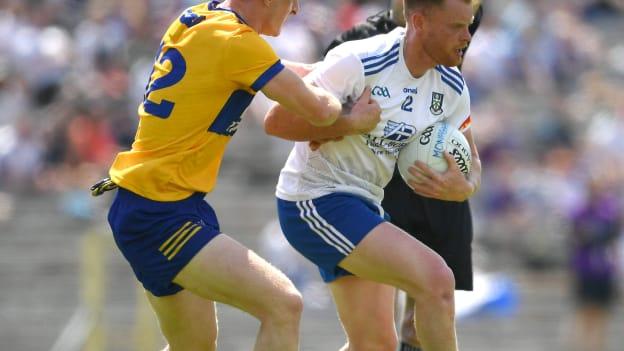 Ryan McAnespie, Monaghan, and Pearse Lillis, Clare, in All-Ireland SFC action. Photo by Daire Brennan/Sportsfile