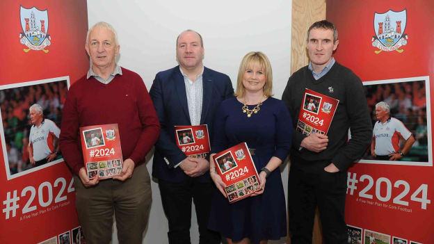 (l to r) Conor Counihan, Brian Cuthbert, Cork County Board Chairperson Tracey Kennedy, and Graham Canty pictured at the launch of #2024 - A Five Year Plan for Cork Football.