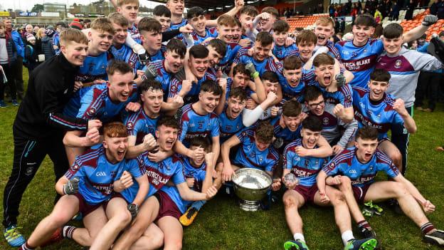 St Michael's Enniskillen players celebrates with the MacRory Cup after the Danske Bank MacRory Cup Final match between St Michael's Enniskillen and Omagh CBS at the Athletic Grounds in Armagh. 