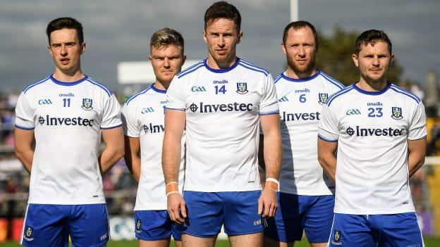 Monaghan players, from left, Shane Carey, Conor McCarthy, Fintan Kelly, Vinny Corey and Dermot Malone during the National Anthem ahead of the 2018 GAA Football All-Ireland Senior Championship Quarter-Final Group 1 Phase 3 match against Galway.