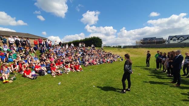 Caoimhe Clancy, GAA Future Leaders TY pupil and Gort CS GAA Club Chairperson, pictured addressing the 450 primary school pupils and their teachers at the end of a recent blitz.