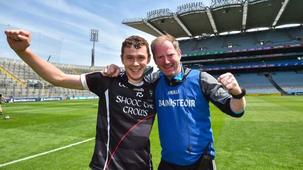 Gerard O'Kelly-Lynch and Sligo joint-manager Darragh Cox celebrate following victory over Lancashire in the 2018 Lory Meagher Cup Final. 