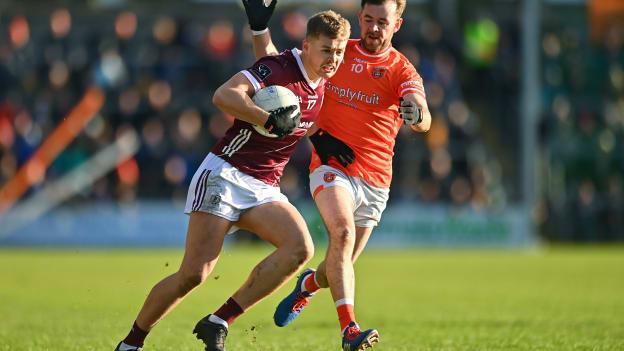 Cian Hernon, Galway, and Callum Cumiskey, Armagh, in Allianz Football League action at BOX-IT Athletic Grounds. Photo by Ben McShane/Sportsfile
