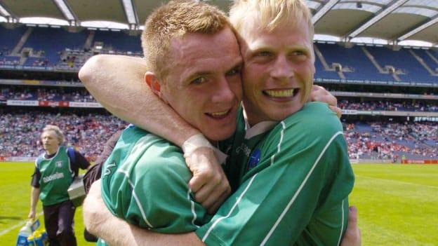 Fermanagh midfielders Marty McGrath and Liam McBarron celebrate after victory over Cork in the 2004 All-Ireland SFC Qualifiers. 