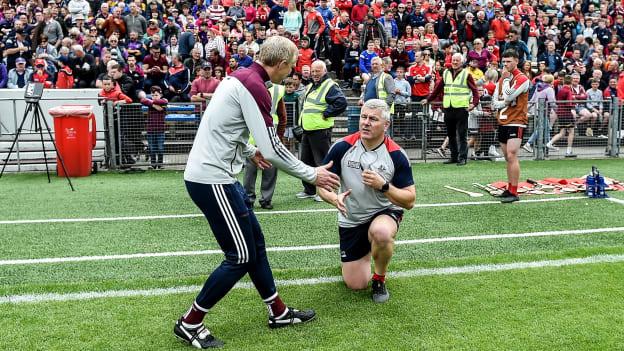 Galway manager Henry Shefflin shakes hands with Cork selector Diarmuid O'Sullivan after the GAA Hurling All-Ireland Senior Championship Quarter-Final match between Galway and Cork at the FBD Semple Stadium in Thurles, Tipperary. 