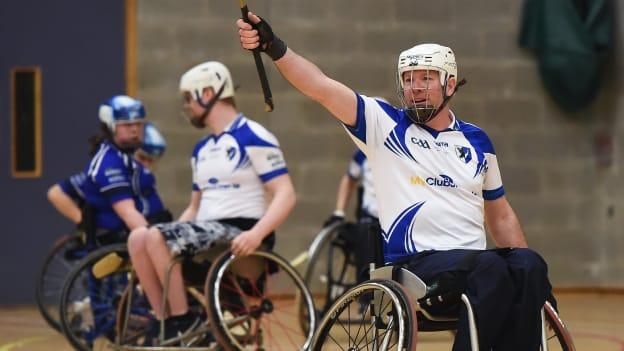 Pat Carty of Connacht in celebrates his side's fifth goal against Munster during the 2017 M. Donnelly GAA Wheelchair Hurling All-Ireland Finals at Knocknarea Arena, I.T Sligo in Sligo. 
