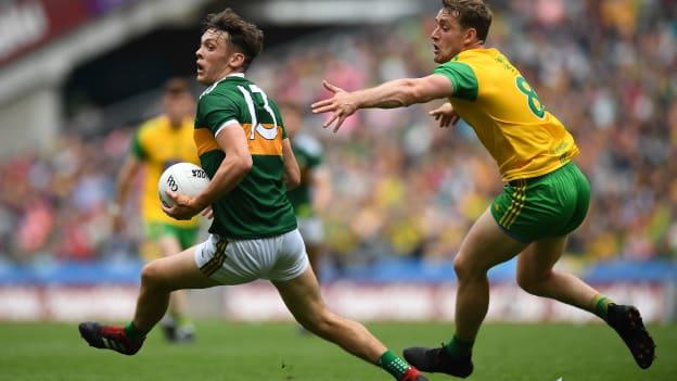 David Clifford, Kerry, and Hugh McFadden, Donegal, in action at Croke Park.