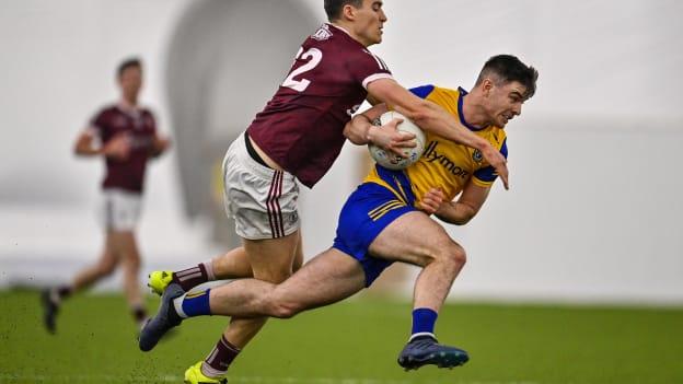 Cathal Heneghan, Roscommon, and Finnian Ó Laoi, Galway, in action during the Connacht FBD League Final.