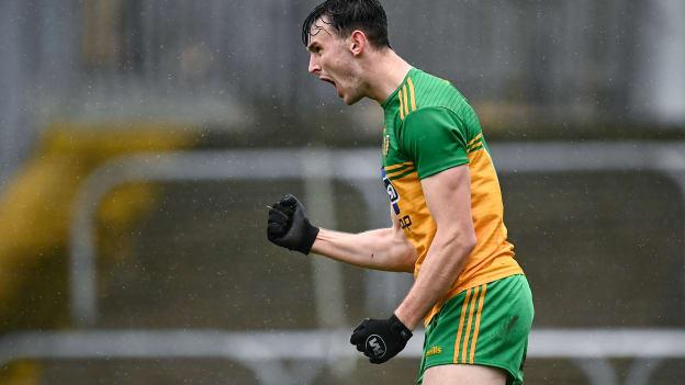 Michael Langan of Donegal celebrates after scoring his side's first goal during the Ulster GAA Football Senior Championship Quarter-Final match between Donegal and Tyrone at Pairc MacCumhaill in Ballybofey, Donegal.