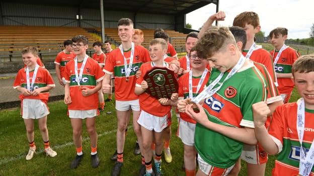 The Erins Own Lavey players celebrate after the U15 Táin Óg Hurling Finals match between Erins Own Lavey, Co Derry and Westport GAA, Co Mayo at Lisnaskea GAA club.