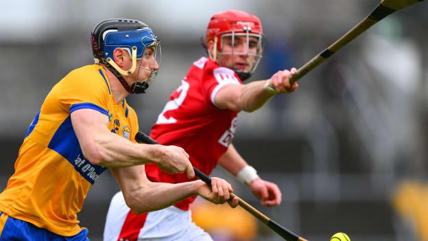 David McInerney, Clare, and Brian Hayes, Cork, in Allianz Hurling League action. Photo by Ray McManus/Sportsfile