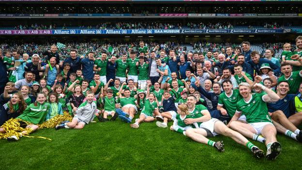 The Limerick squad, management and family members celebrate after the 2023 GAA Hurling All-Ireland Senior Championship final match between Kilkenny and Limerick at Croke Park in Dublin. Photo by David Fitzgerald/Sportsfile