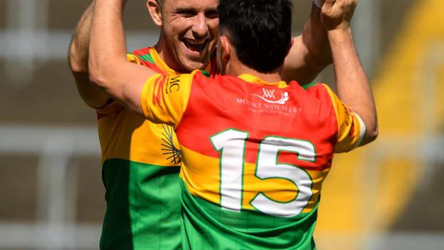 Carlow players Jamie Clarke, 15, and Darragh Foley celebrate after the Tailteann Cup Group 3 Round 3 match between Longford and Carlow at Laois Hire O'Moore Park in Portlaoise, Laois. Photo by Matt Browne/Sportsfile