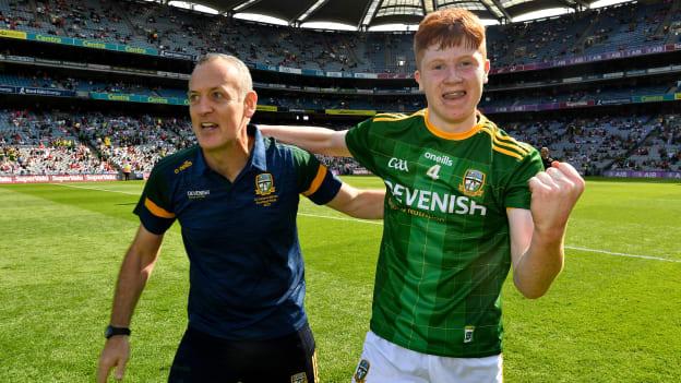 Meath manager Cathal Ó Bric and Seán O'Hare after the Electric Ireland GAA Football All-Ireland Minor Championship Final match between Meath and Tyrone at Croke Park in Dublin. 