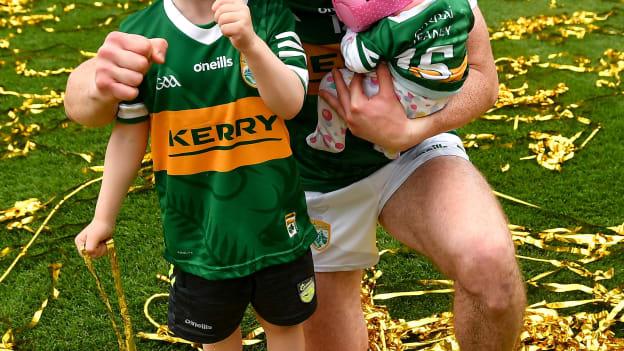 Paul Geaney of Kerry with his son Paidi, age 5, and daughter Christina, age 3 weeks, after the GAA Football All-Ireland Senior Championship Final match between Kerry and Galway at Croke Park in Dublin. 