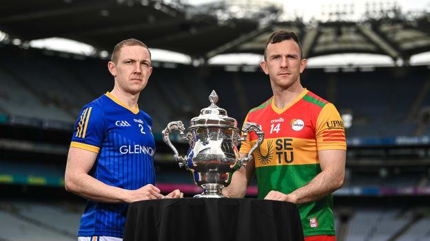 Paddy Fox of Longford, left, and Darragh Foley of Carlow during the Tailteann Cup launch at Croke Park in Dublin. Photo by David Fitzgerald/Sportsfile