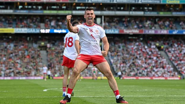 Darren McCurry of Tyrone celebrates scoring a goal, in the 58th minute, during the GAA Football All-Ireland Senior Championship Final match between Mayo and Tyrone at Croke Park in Dublin. 