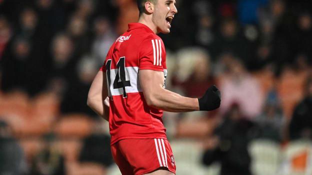 Derry forward Shane McGuigan celebrates.