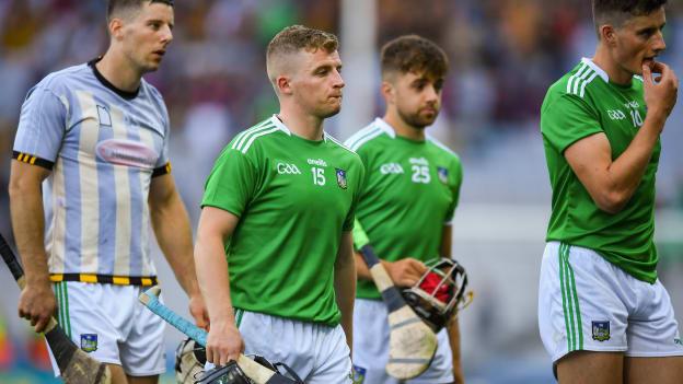 Limerick players Dan Morrissey, Peter Casey, Colin Ryan, and Gearoid Hegarty pictured following the 2019 GAA Hurling All-Ireland Senior Championship Semi-Final match between Kilkenny and Limerick at Croke Park in Dublin. 
