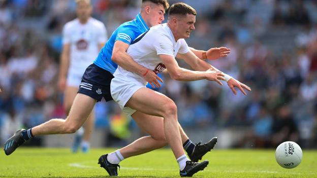 Alex Beirne of Kildare in action against Lee Gannon of Dublin during the 2022 Leinster GAA Football Senior Championship Final match between Dublin and Kildare at Croke Park in Dublin. 