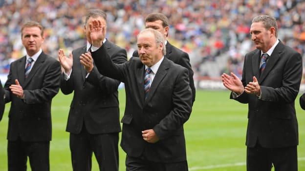Seanie O'Leary, from Cork, waves to the crowd after being honoured as a member of the 1984 Cork Jubilee team during the GAA Hurling All-Ireland Senior Championship Final 2009. Croke Park, Dublin.