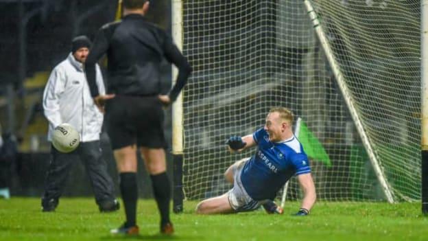 Damien Cahalane of Castlehaven reacts after making a save during the penalty shoot-out during the AIB Munster GAA Football Senior Club Championship Final match between Dingle, Kerry, and Castlehaven, Cork, at TUS Gaelic Grounds in Limerick. Photo by Tom Beary/Sportsfile.