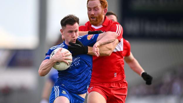 Karl O'Connell of Monaghan in action against Conor Glass of Derry during the Ulster GAA Football Senior Championship Semi Final match between Derry and Monaghan at O’Neills Healy Park in Omagh, Tyrone. Photo by Ben McShane/Sportsfile